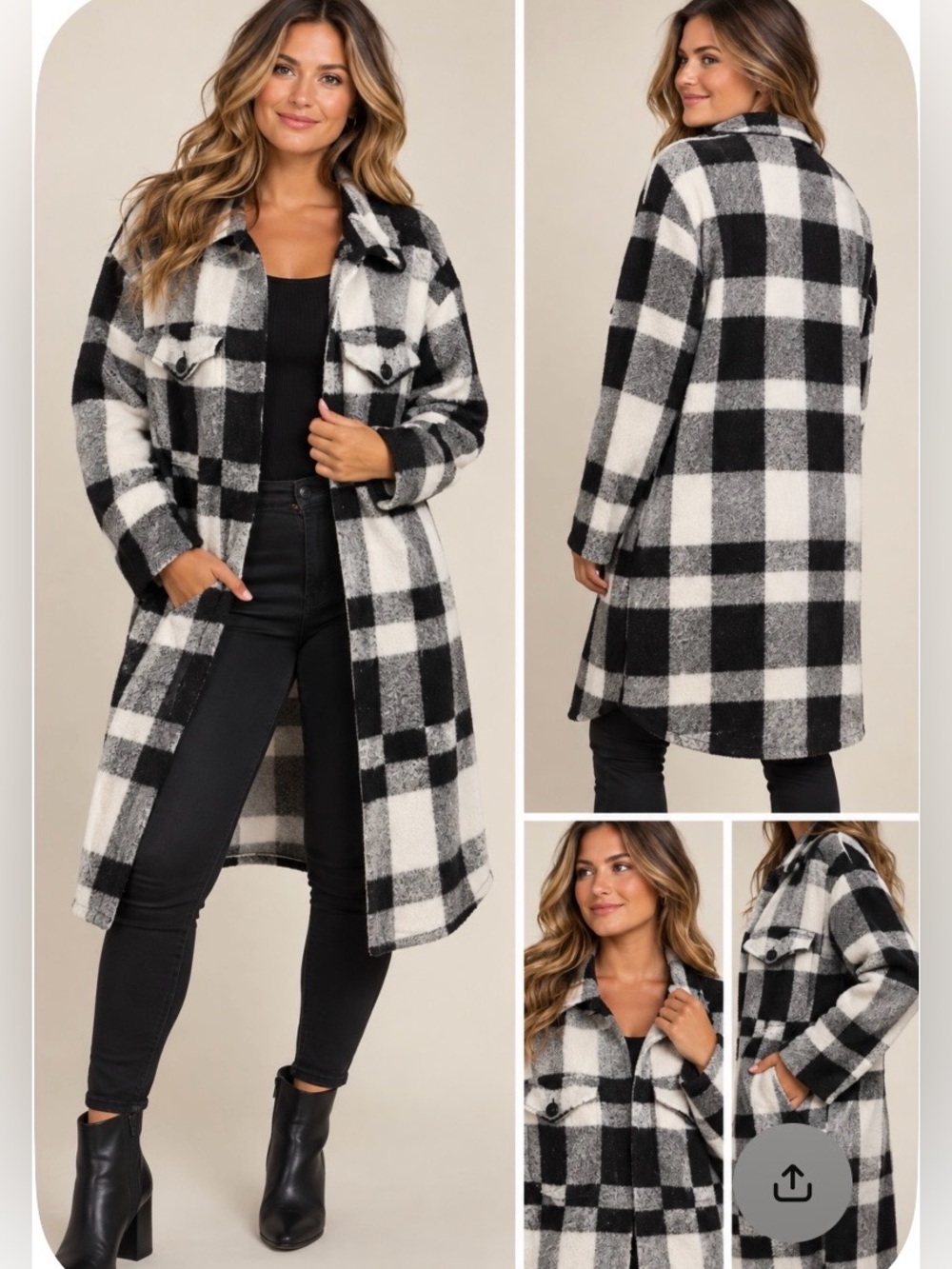 BY DESIGN Plaid Longline Sweater Coat Cardigan Black Gray Cream M